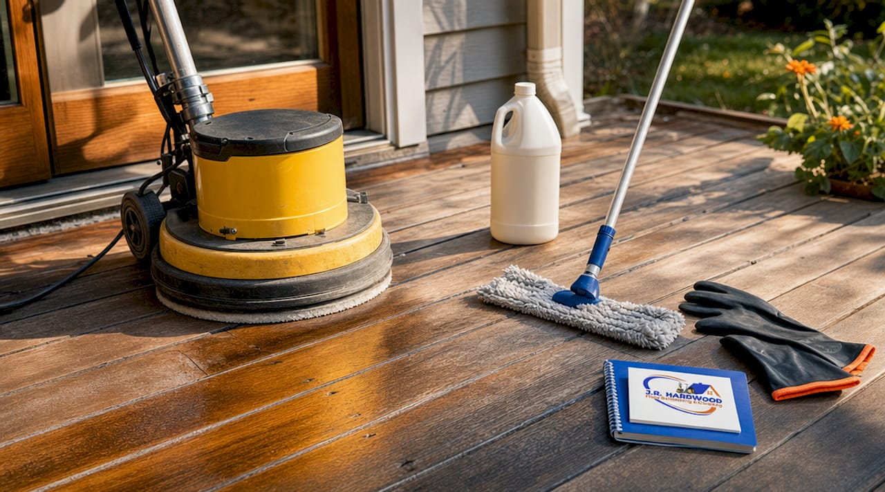 Close-up of floor buffing tools on hardwood
