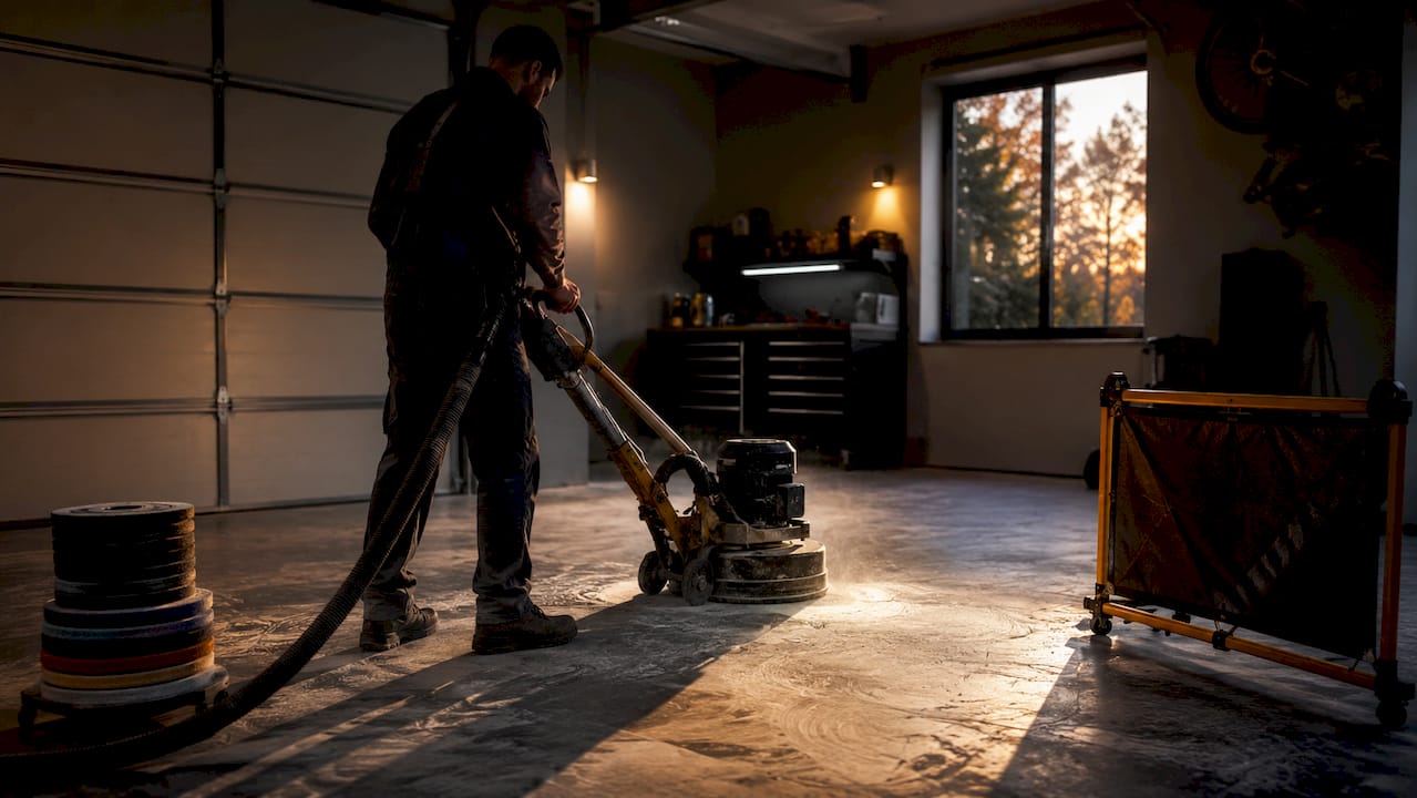 Technician grinding concrete floor in residential basement