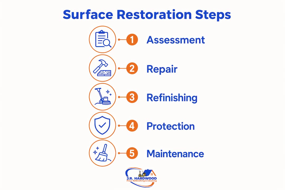Infographic illustrating five steps of surface restoration process