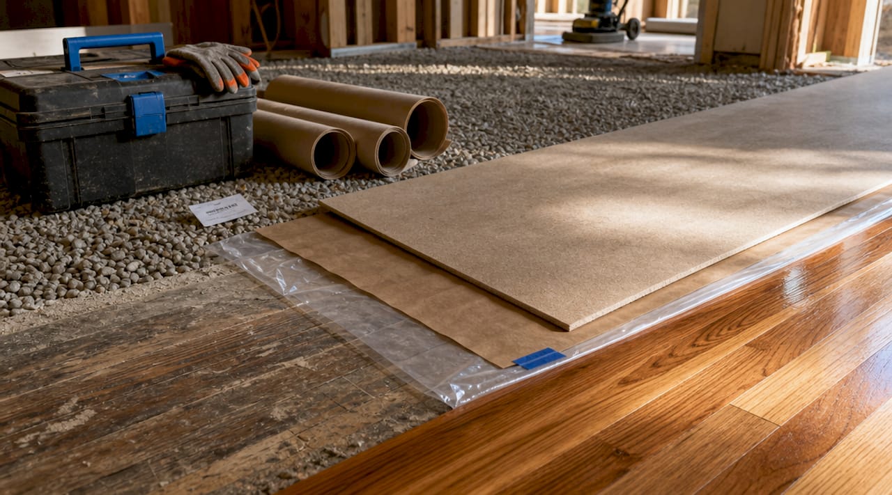 Layered floor protection materials on construction floor