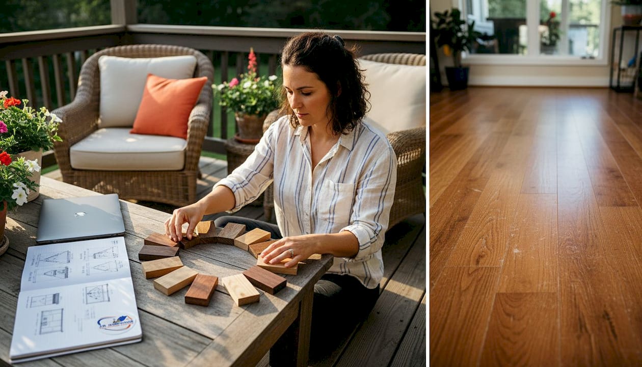 Interior designer arranging wood stain samples on table