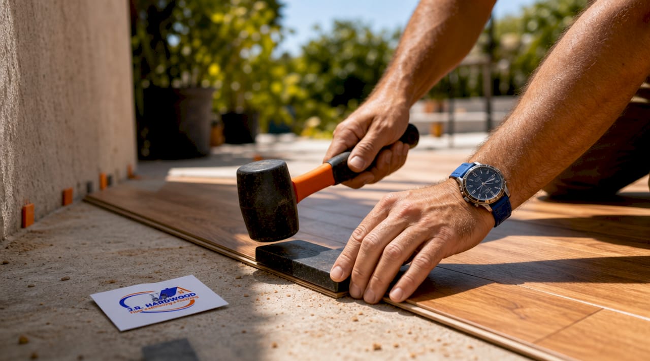 Hands installing laminate flooring planks close-up
