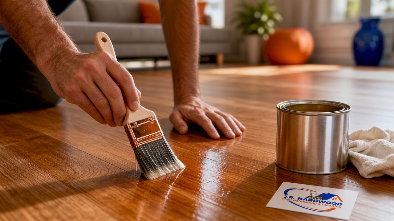 Hands applying smooth finish on dustless sanded hardwood floor