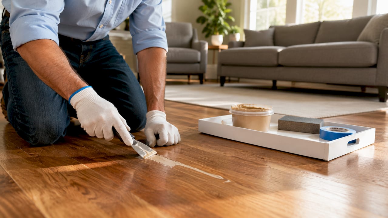 Hands repairing scratches on hardwood floor
