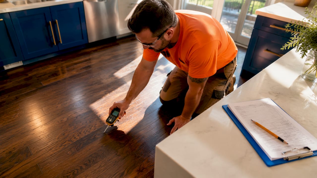 Technician assessing hardwood floor moisture