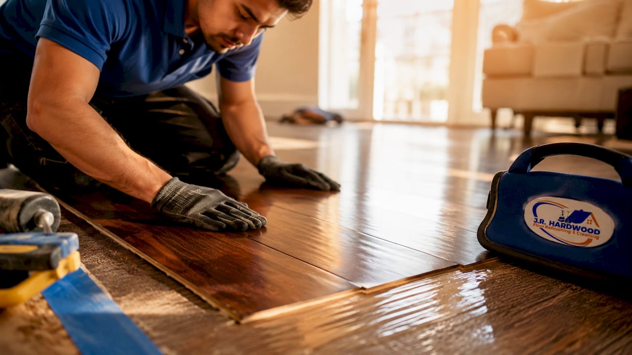 Close-up of fully bonded vinyl plank flooring