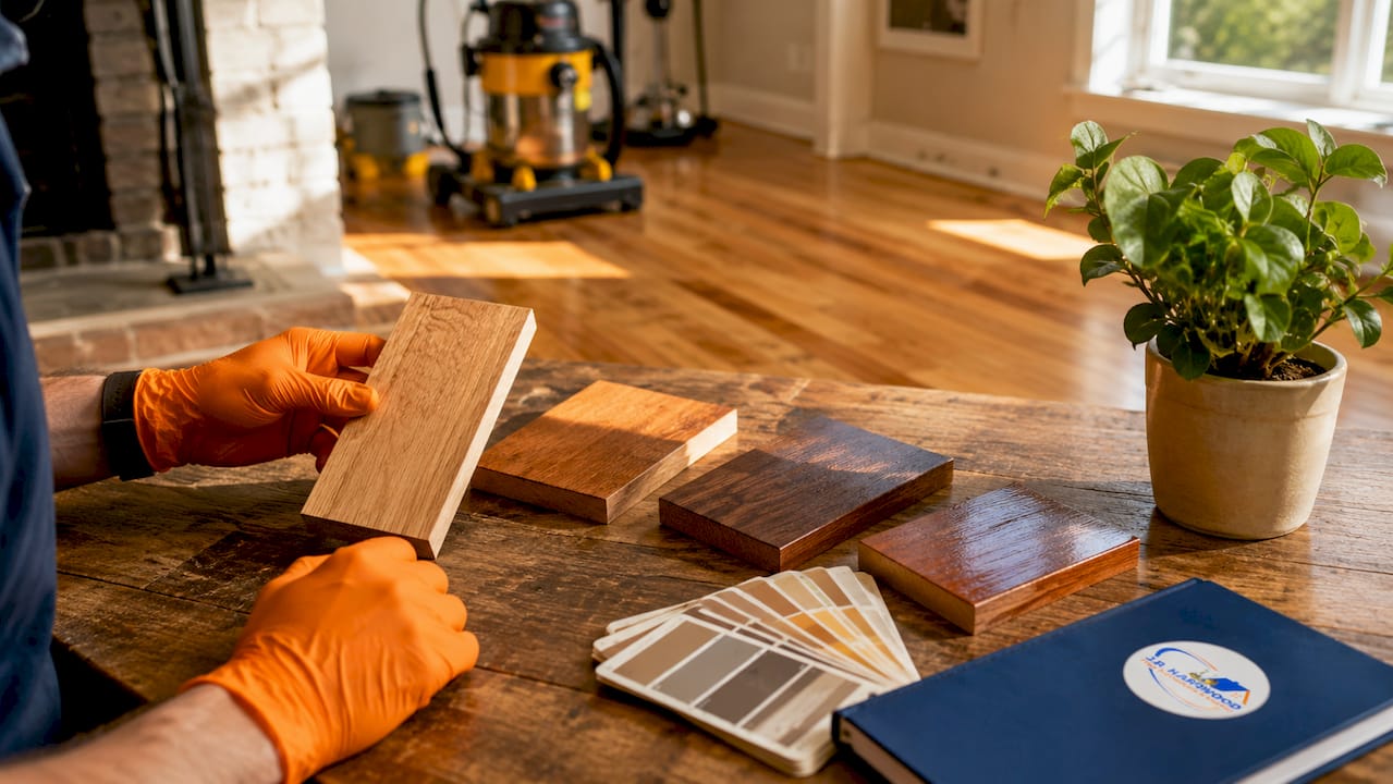 Samples of eco-friendly floor finishes on wood boards
