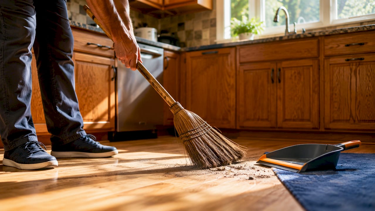 Hands sweeping kitchen floor with broom
