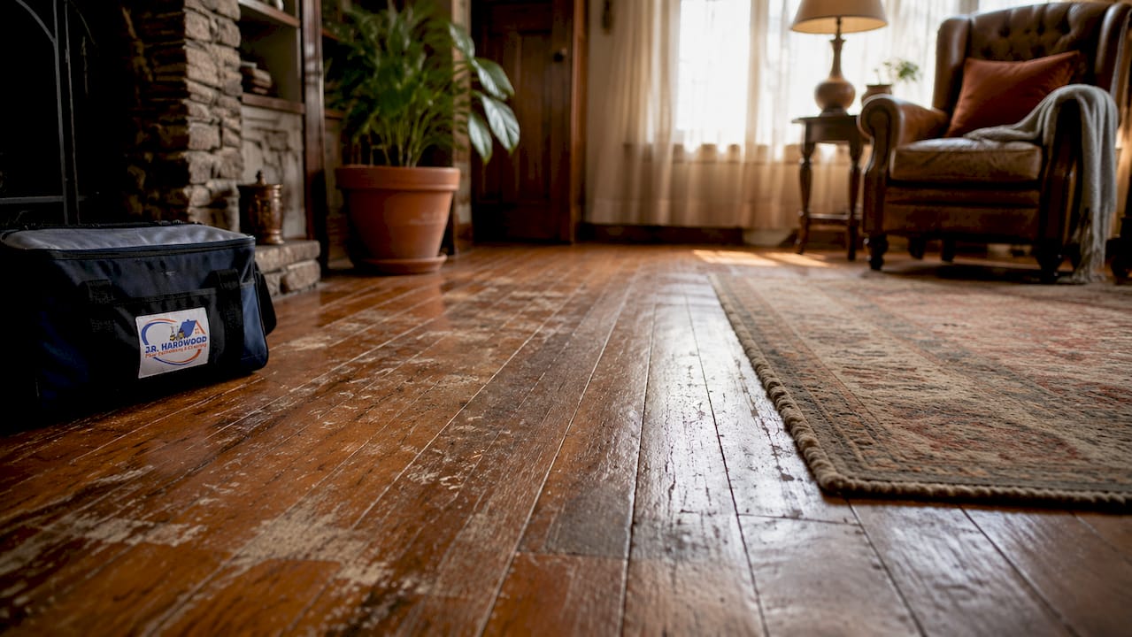 Close-up of scratched dull hardwood floor