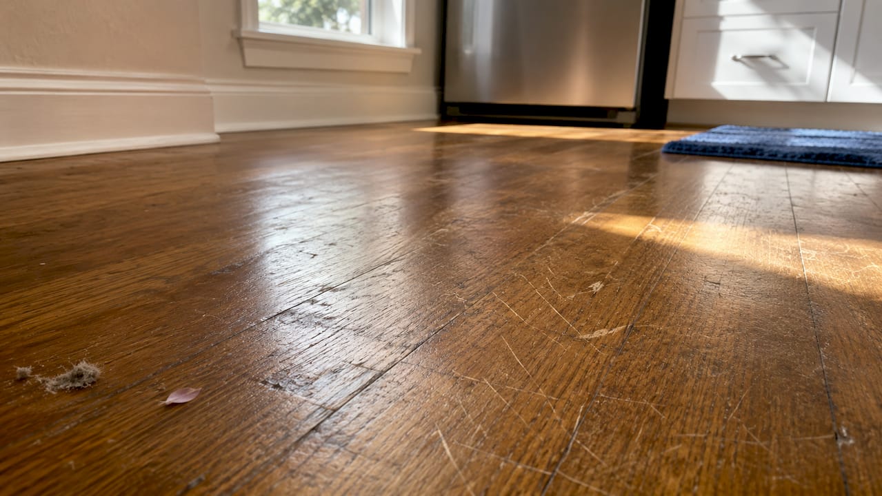 Close-up worn hardwood floor with scratches