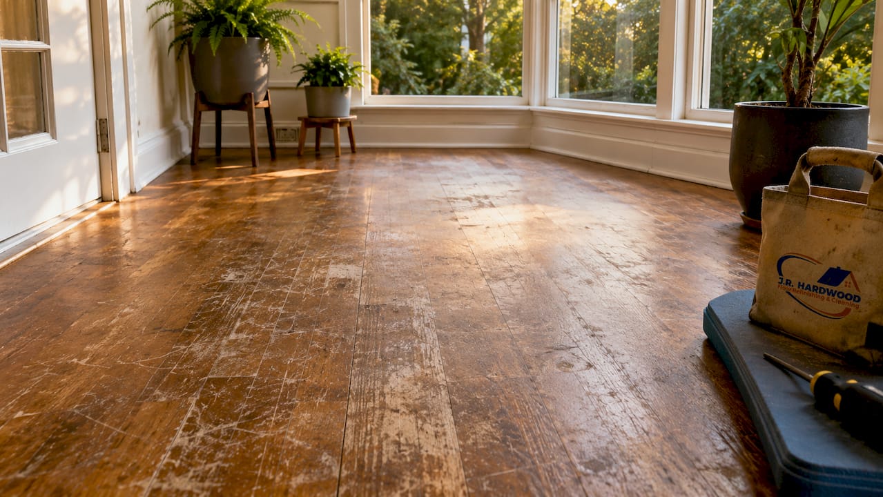 Close-up of worn and scratched hardwood floor in Parker home