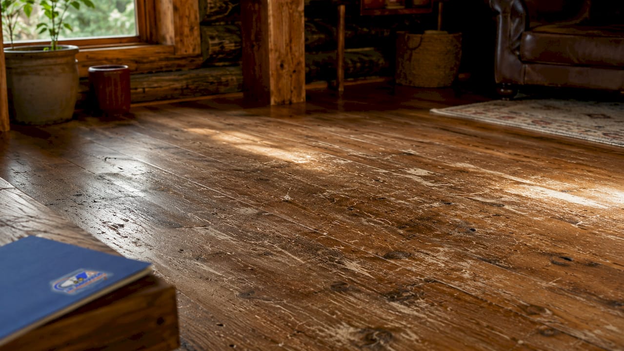 Close-up of worn hardwood floor texture