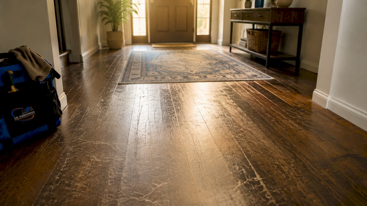Close-up worn engineered hardwood floor with scratches