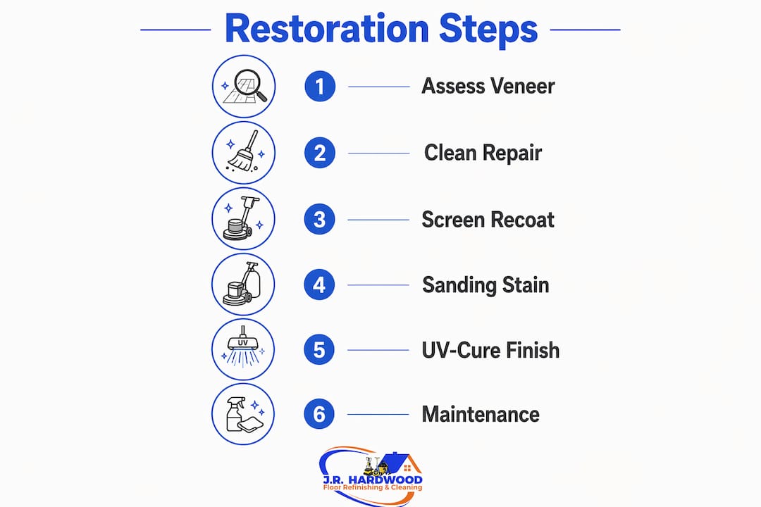 Infographic illustrating restoration steps for engineered hardwood floors