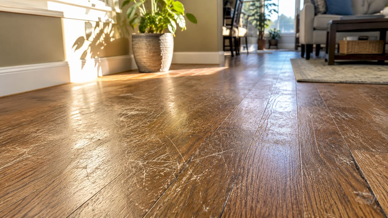 Close-up of worn scratched hardwood floor surface