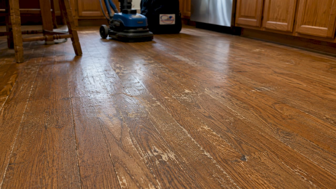 Close-up of scratched dull hardwood floor