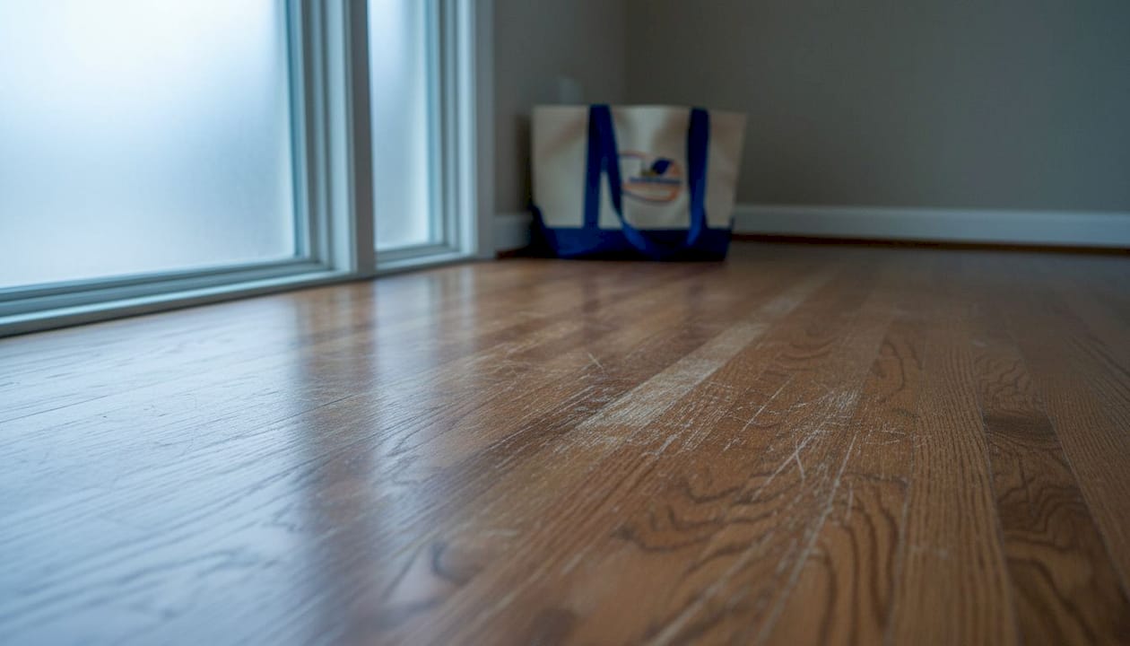 Close-up of dull, scratched hardwood floor