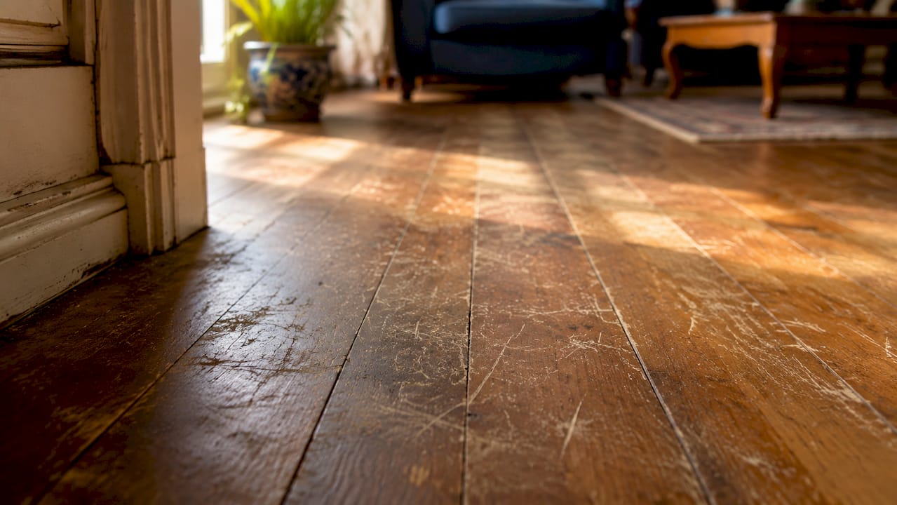 Close-up of scratched and dull hardwood floor surface
