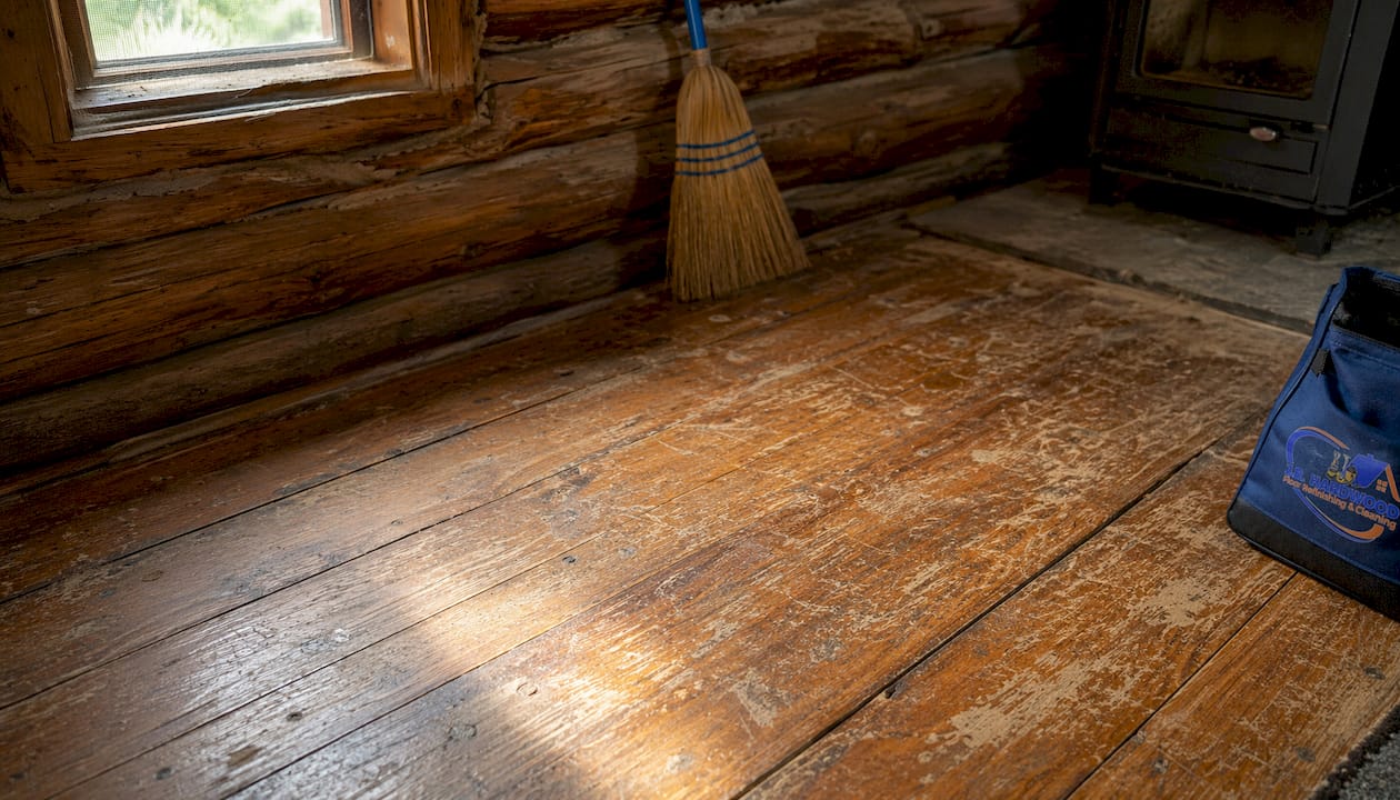Close-up of worn and scratched hardwood floor section