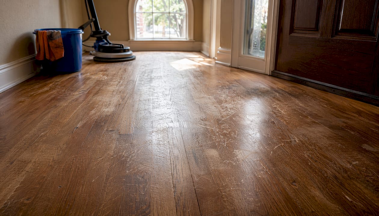 Close-up of scratched worn hardwood floor