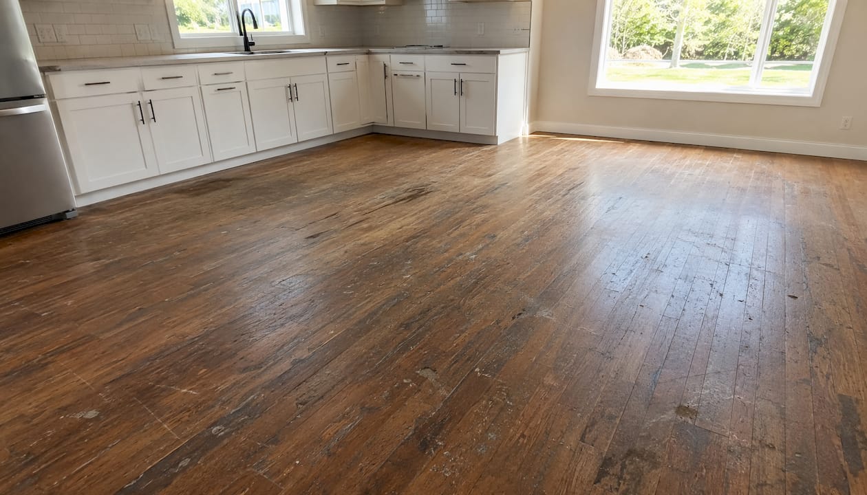Worn hardwood floor with scratches and dull finish