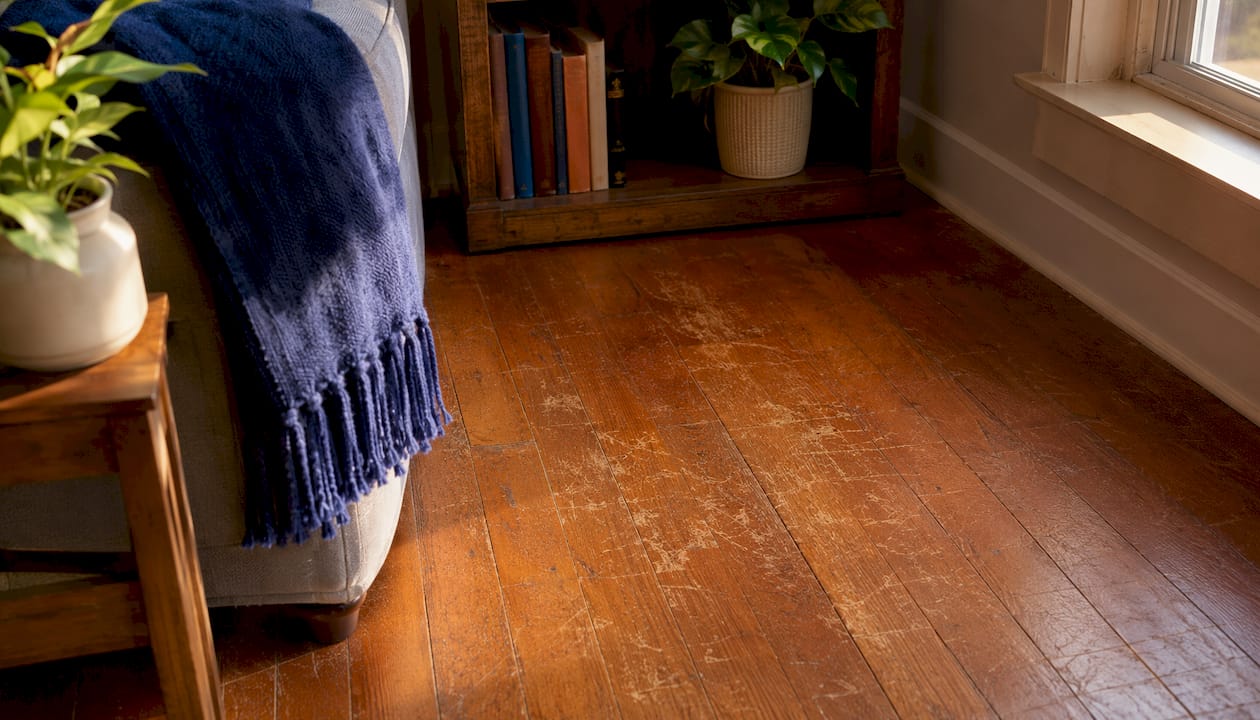 Close-up of worn scratched hardwood floor in living room