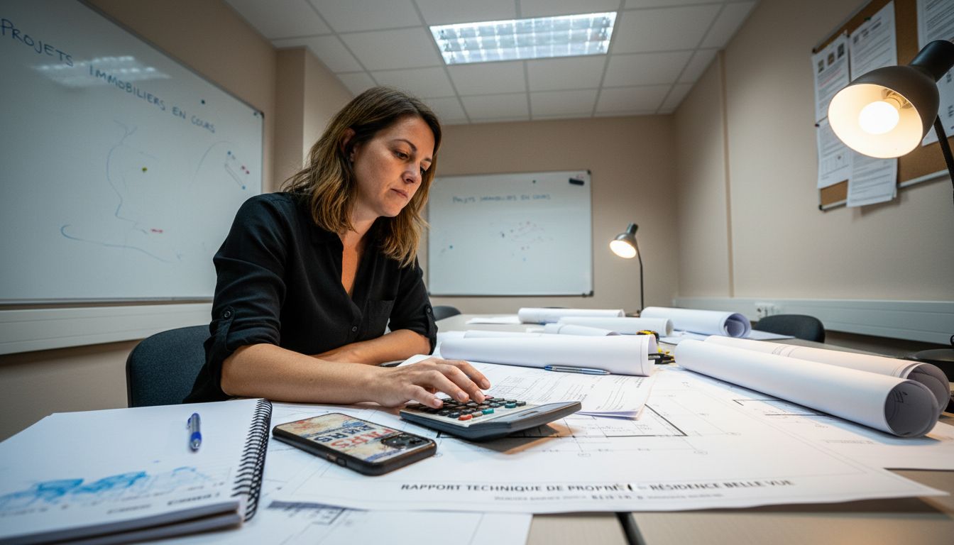 Le responsable étudie les plans du bâtiment ainsi que les rapports associés.