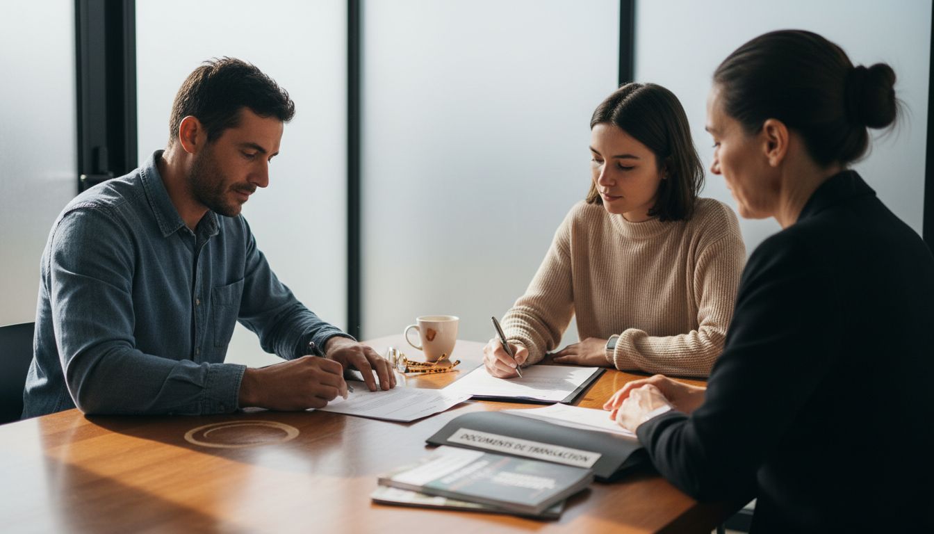 Des clients procèdent à la signature de documents officiels en présence de leur notaire lors d’une transaction immobilière.