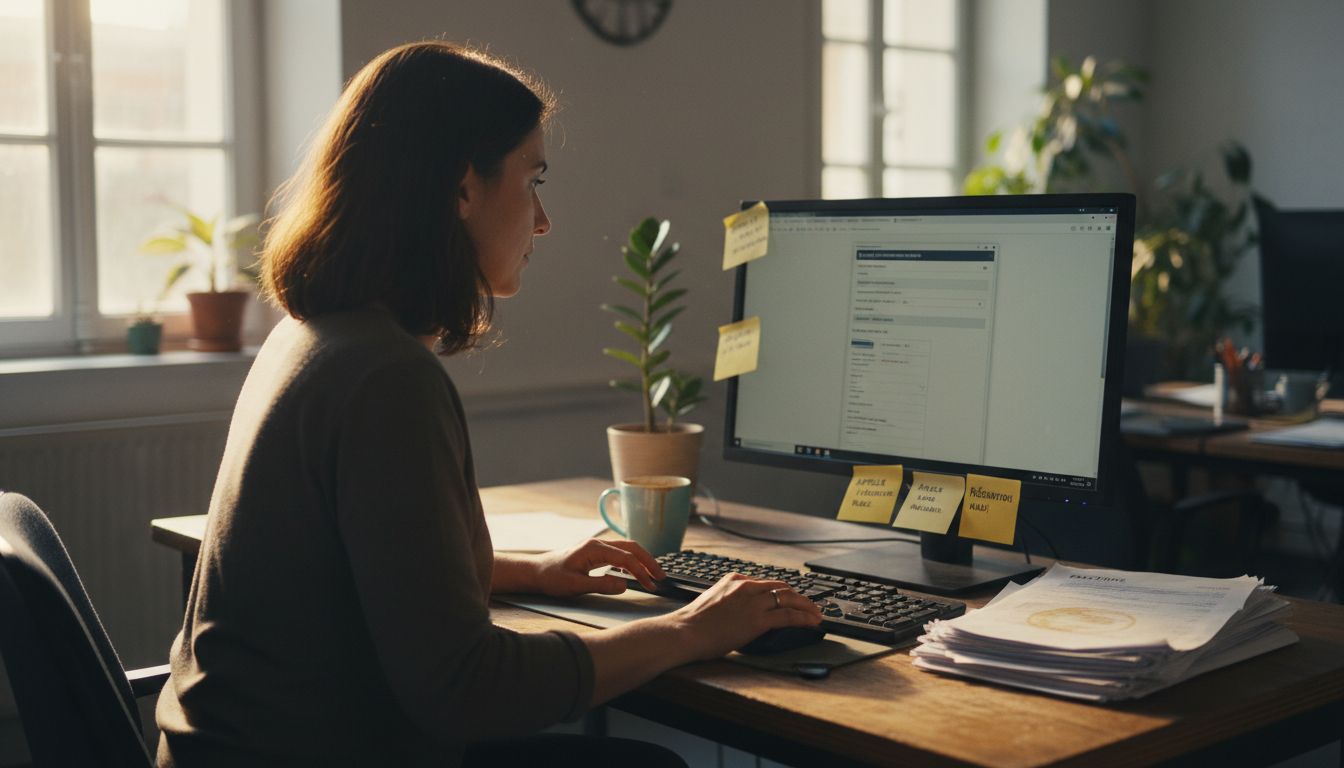 Une femme en train d'évaluer un logiciel de gestion immobilière depuis son bureau