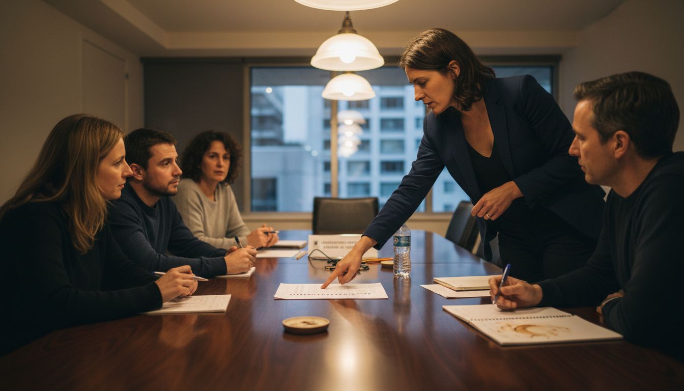 Un avocat apporte ses conseils à un groupe de dirigeants réunis autour d’une table de réunion.