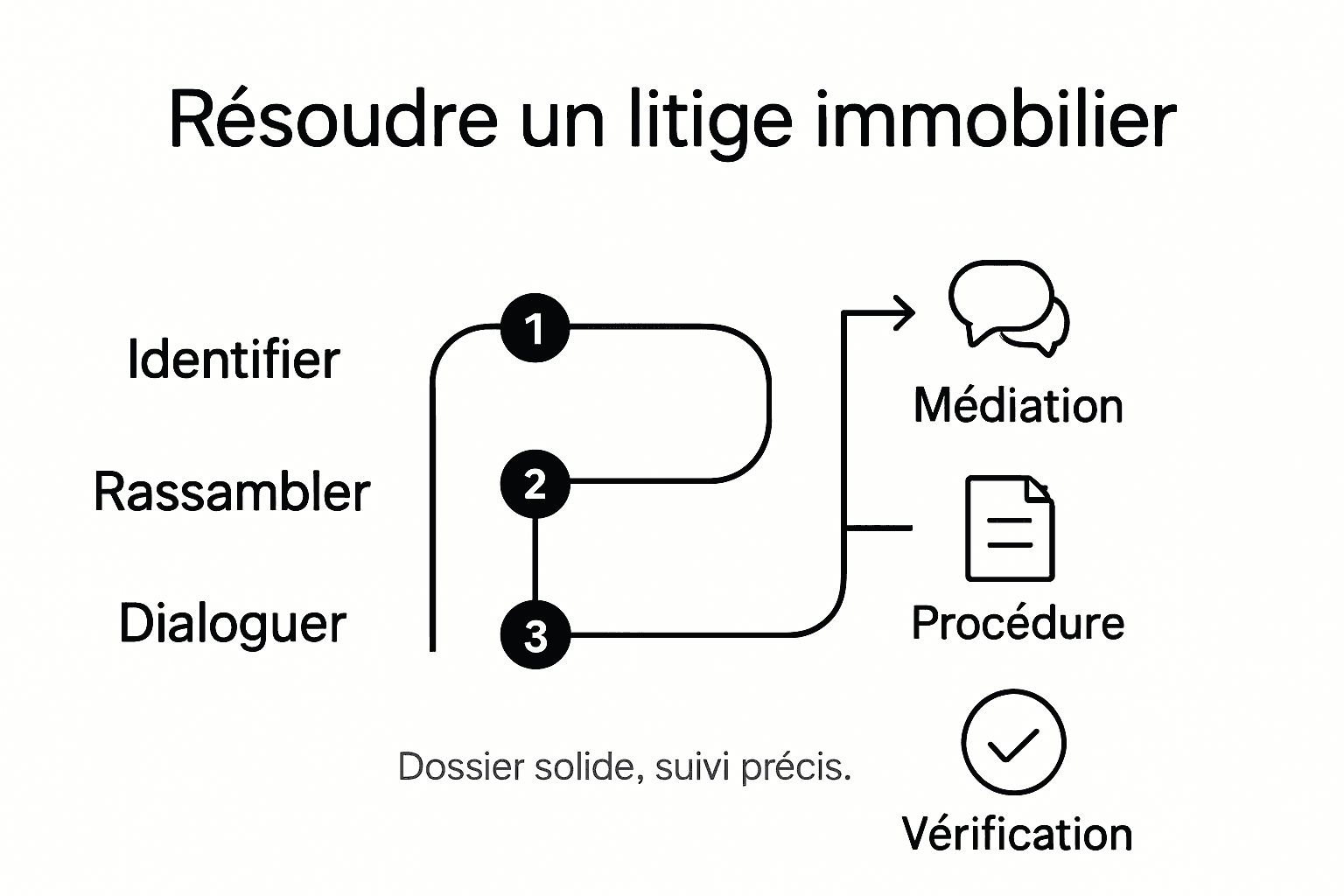 Infographie récapitulative&nbsp;: les grandes étapes pour régler un litige immobilier