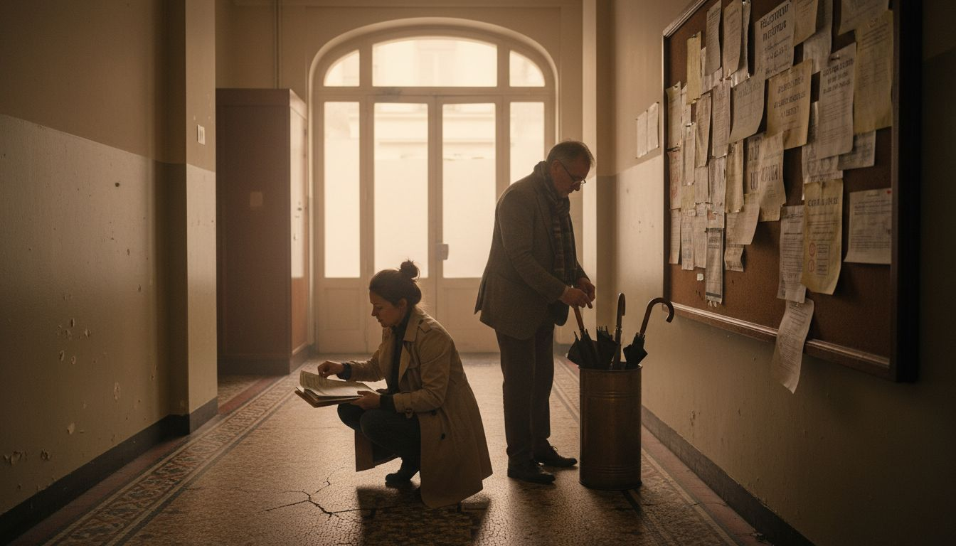 Des copropriétaires échangent dans le hall de l’immeuble