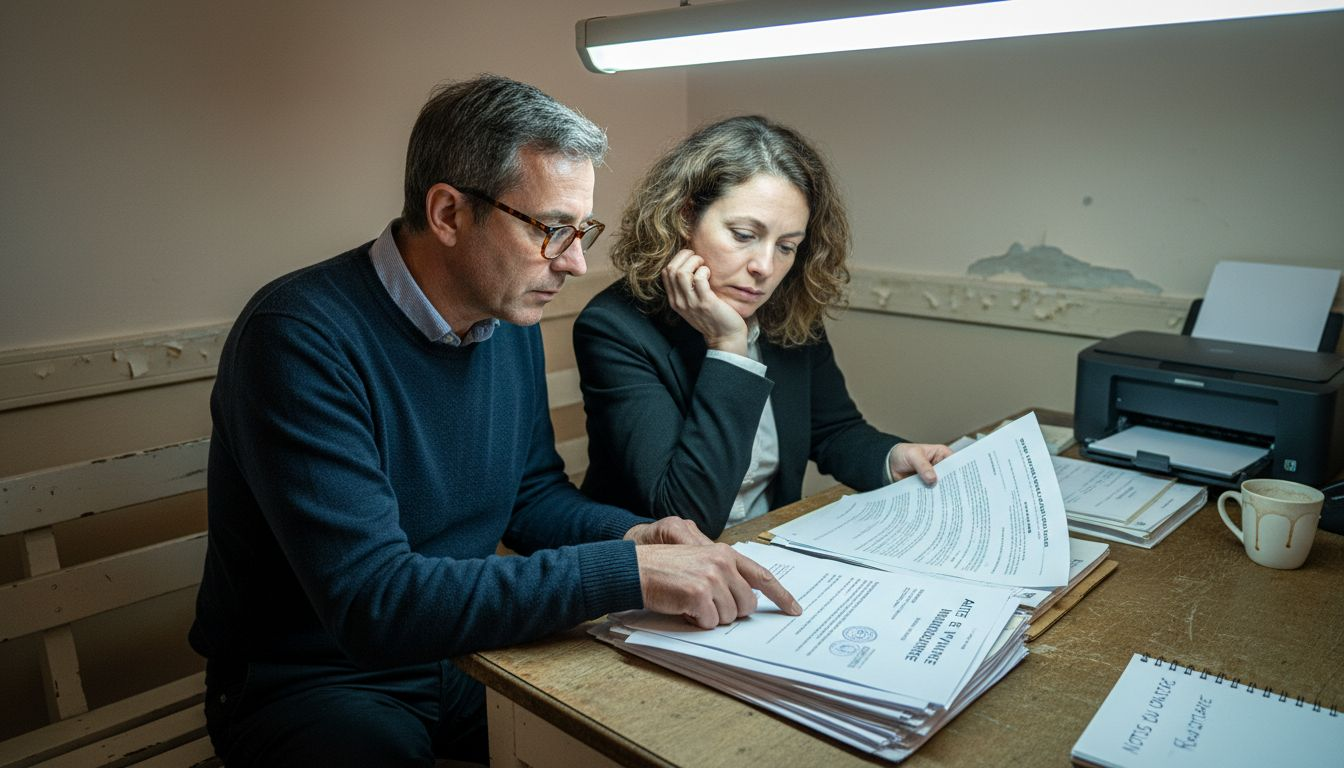 Des personnes consultent attentivement des documents chez le notaire.