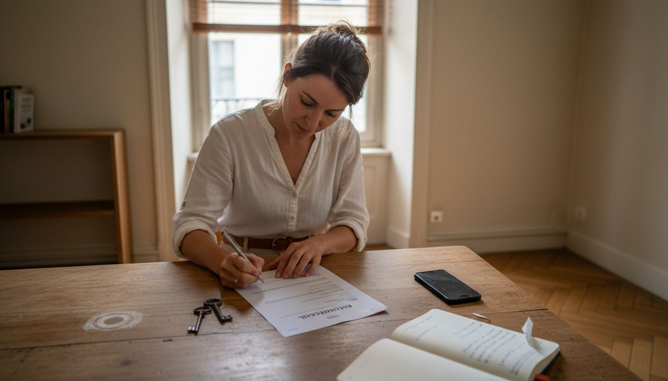 Une entrepreneure signe un contrat important, tandis qu’un trousseau de clés repose sur la table devant elle.