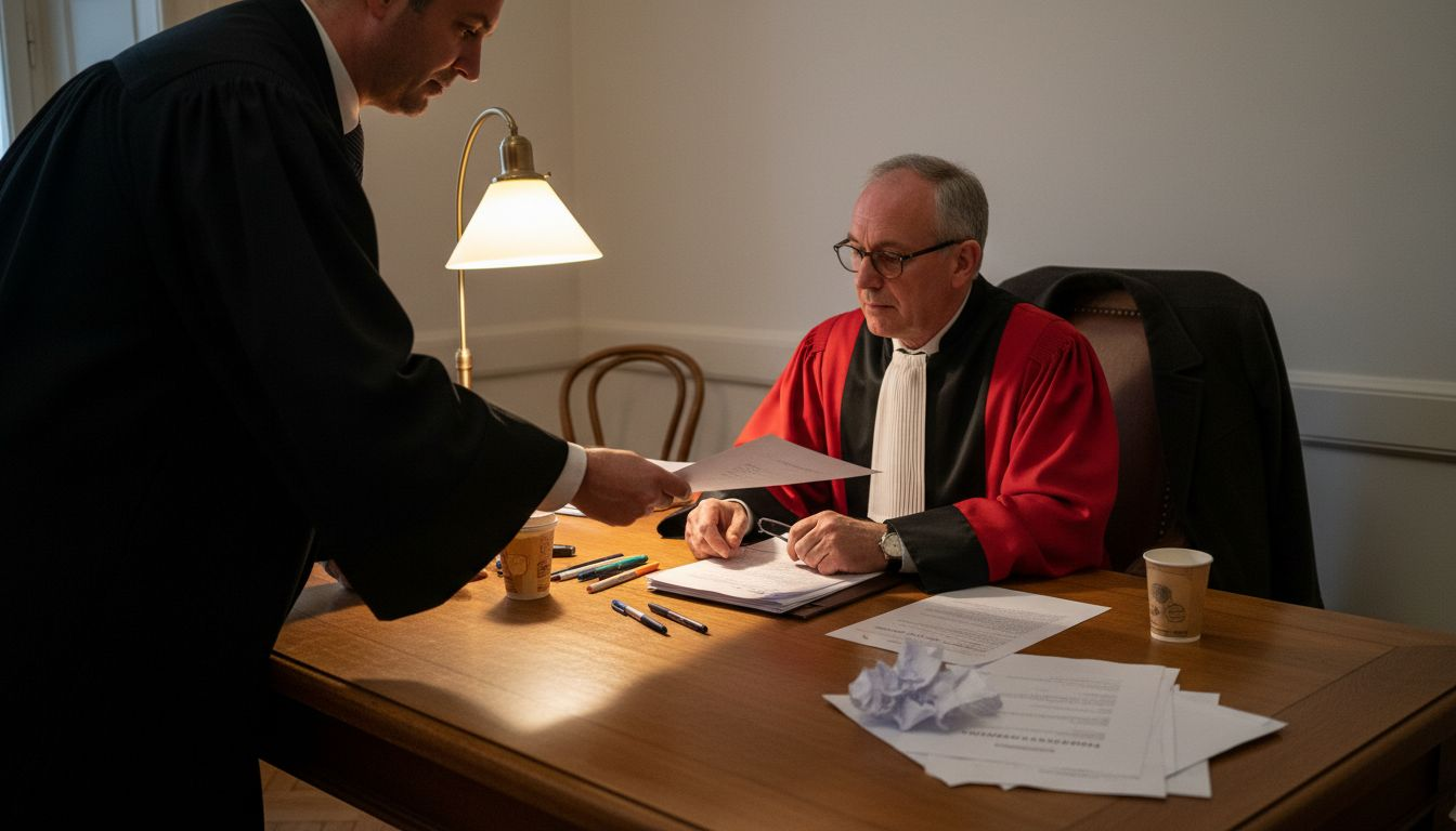 Le commissaire soumet un dossier au juge lors de l’audience au tribunal.