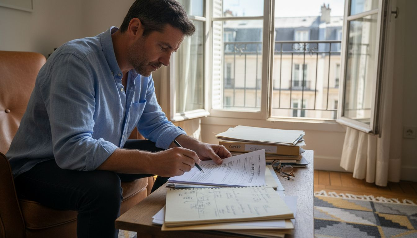 Un homme passe en revue chaque détail de son contrat de location avant de signer.