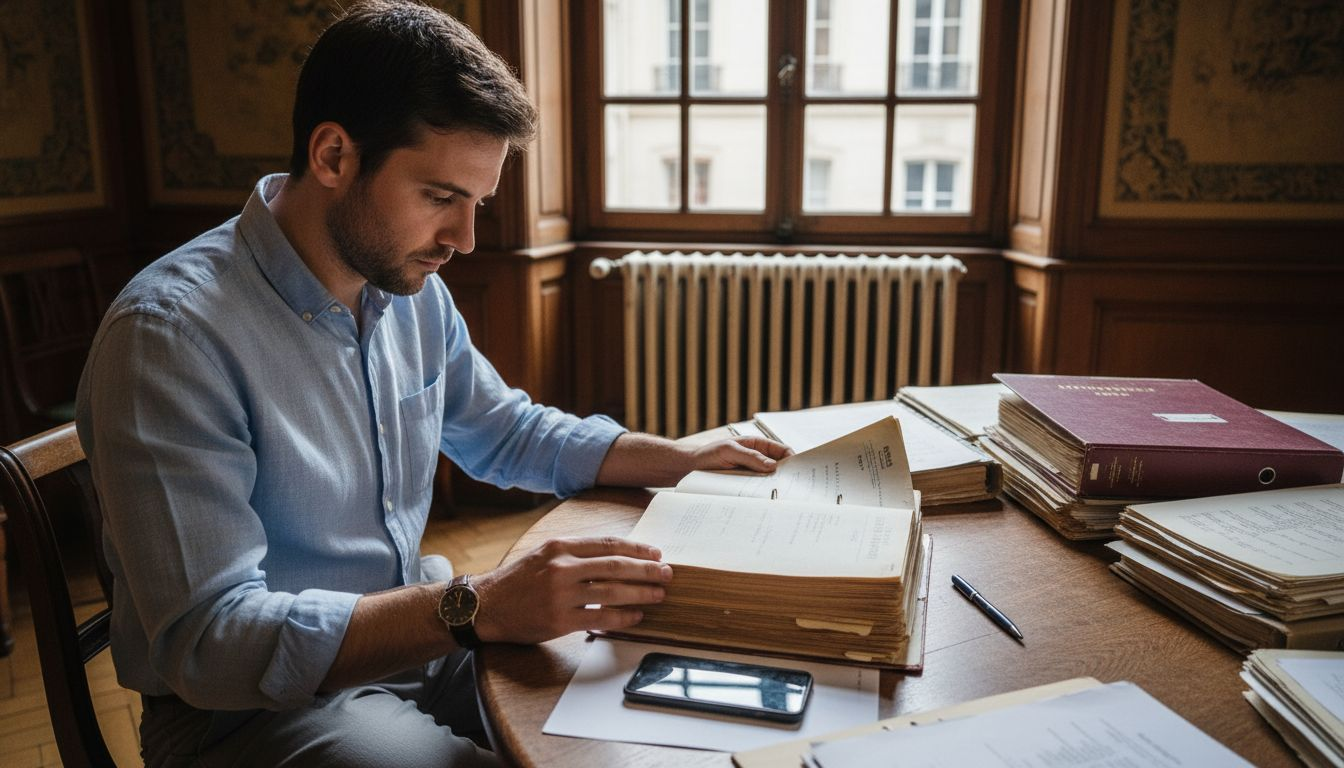 Un copropriétaire prend connaissance des documents juridiques avant la réunion de la copropriété.