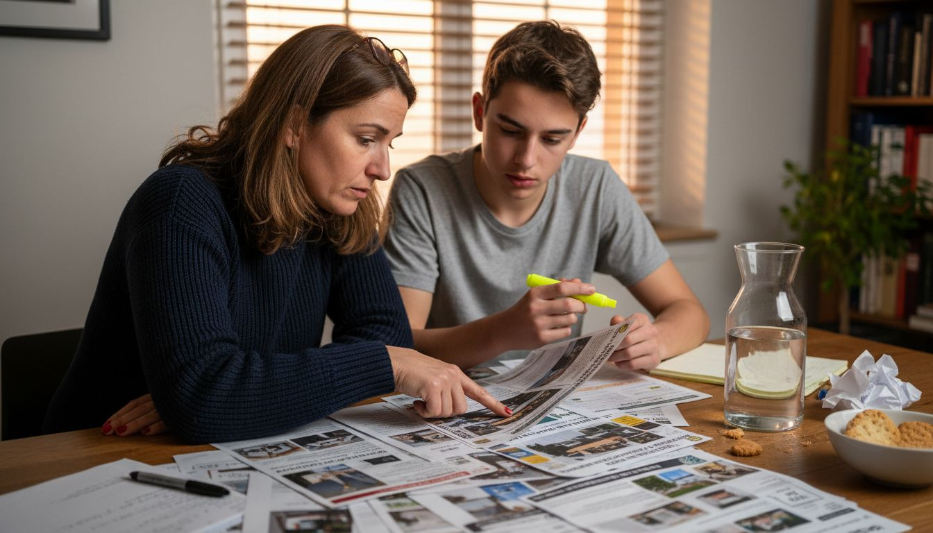Une famille passe en revue les annonces immobilières ensemble, confortablement installée à la maison.