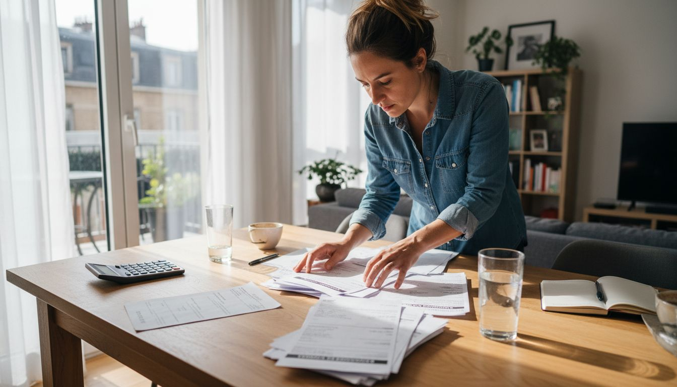 Une femme examine attentivement les documents relatifs à l’état daté et aux charges de copropriété.