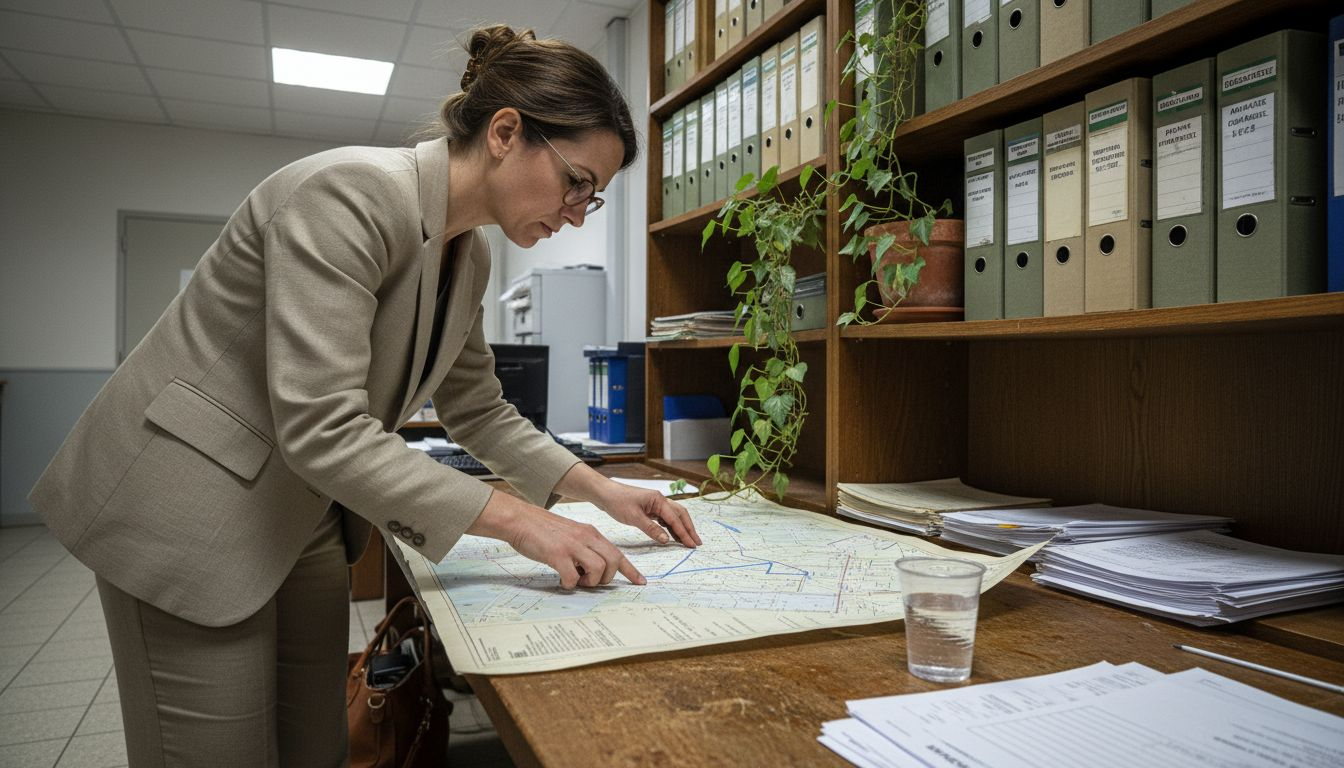 Une femme consulte attentivement le dossier du plan de copropriété.