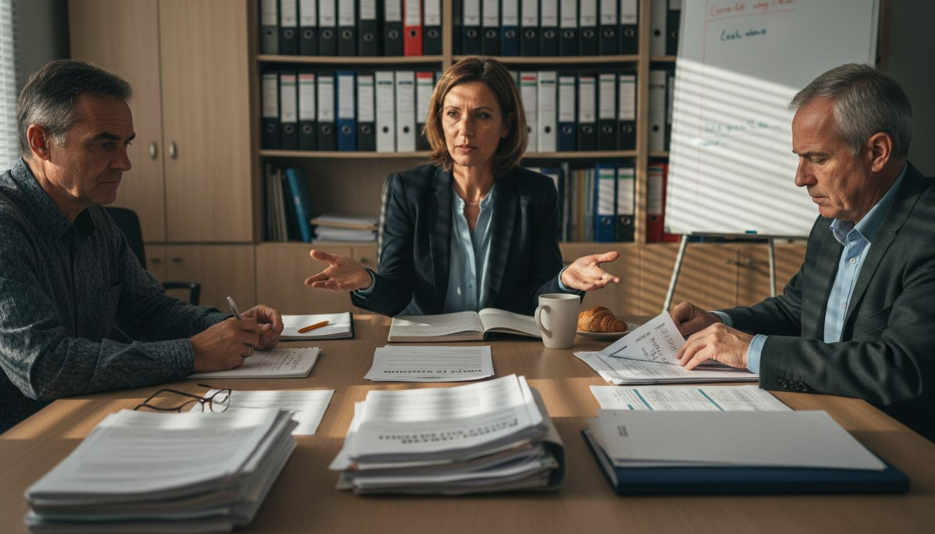 Un médiateur anime une réunion pour résoudre un litige immobilier.