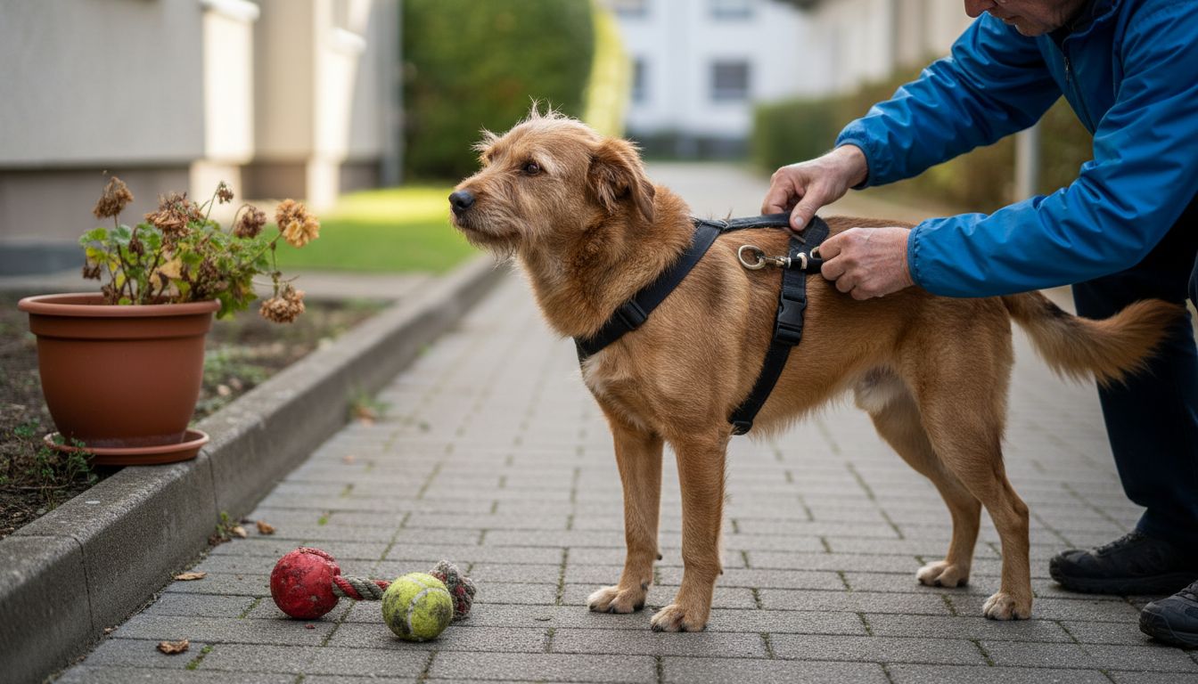 Ein älterer Herr richtet im Freien das Y-Geschirr seines Hundes zurecht.