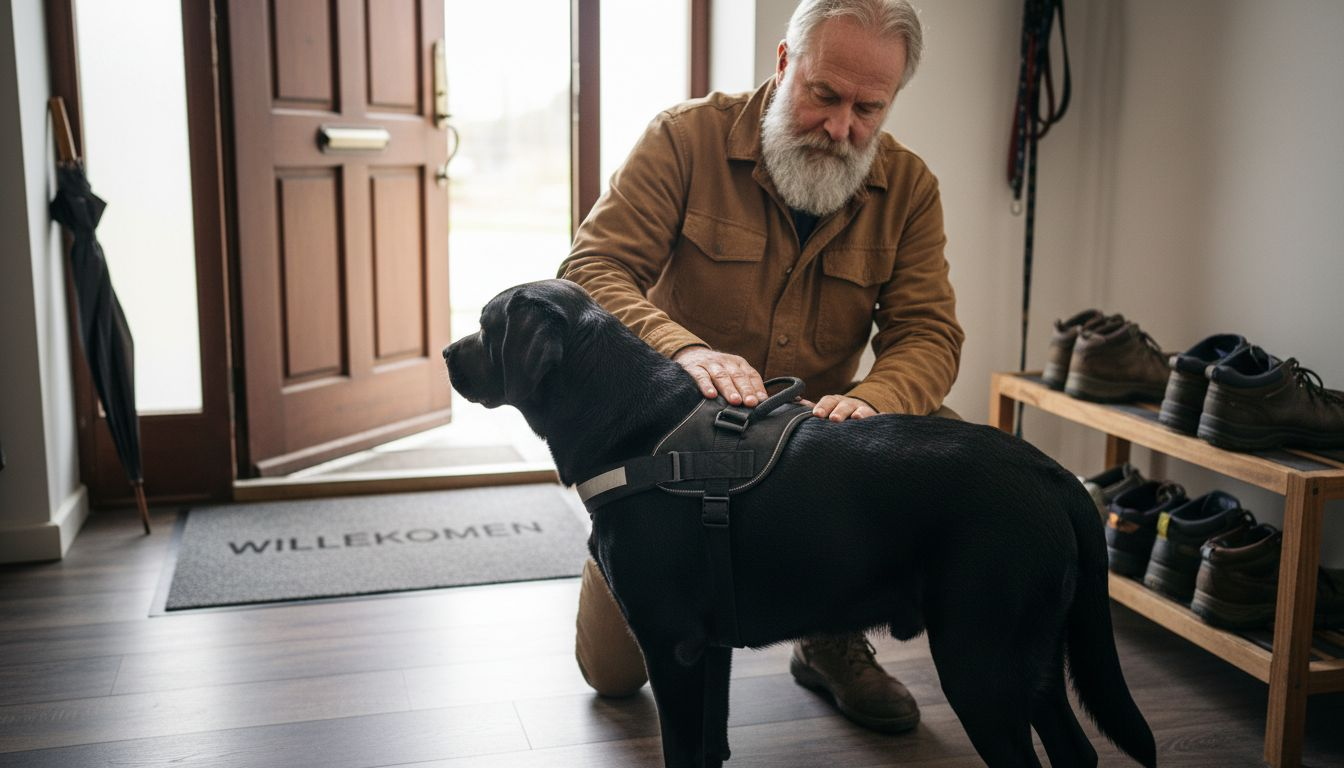 Ein Mann überprüft mit der Hand, ob das Hundegeschirr richtig sitzt.