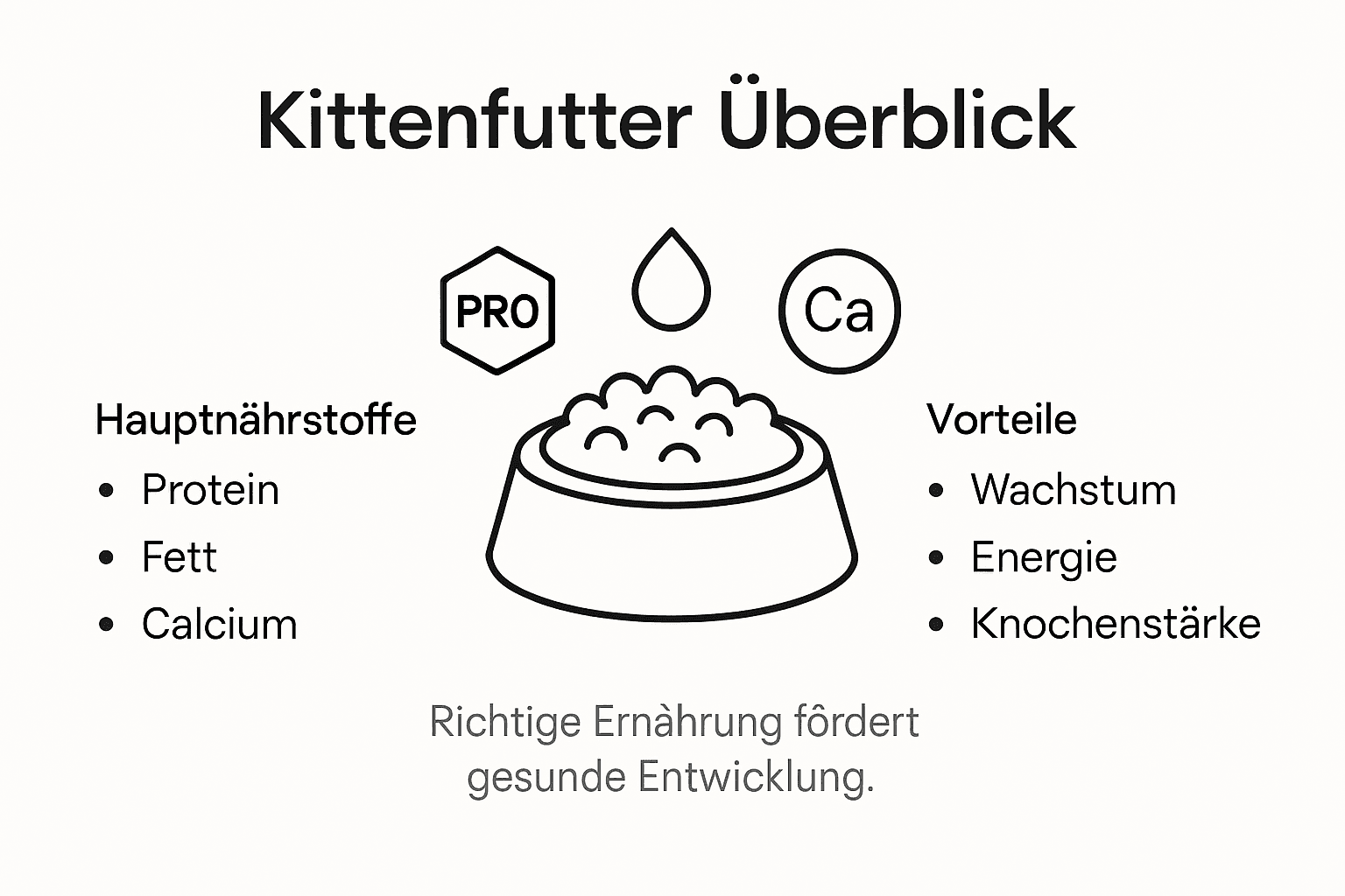In dieser Infografik erfahren Sie, welche wichtigen Nährstoffe im Katzenfutter für Kitten stecken und wie diese zur gesunden Entwicklung Ihres kleinen Stubentigers beitragen.