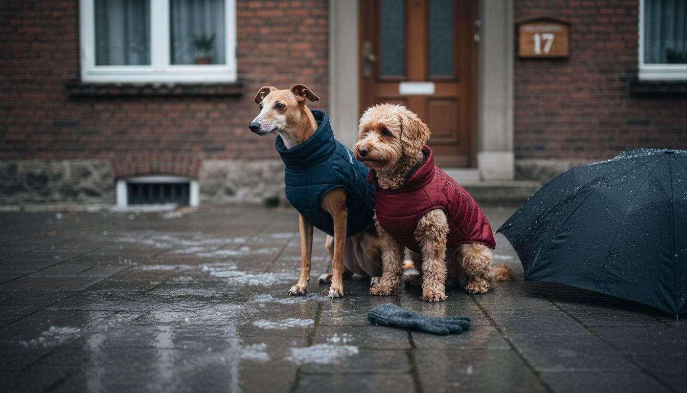Zwei kleine Hunde mit warmen Jacken tollen über die vereiste Fläche.