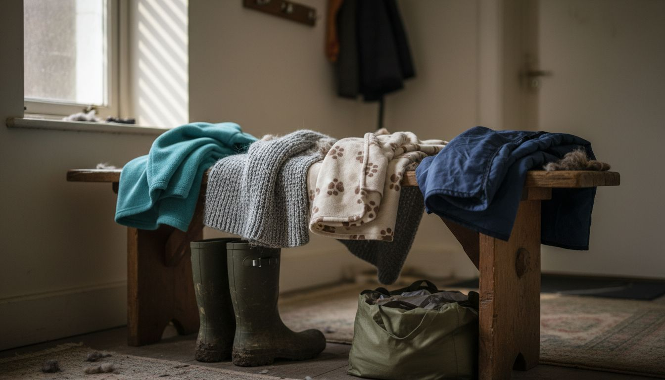 Verschiedene Hundedecken aus unterschiedlichen Materialien liegen auf der Bank.