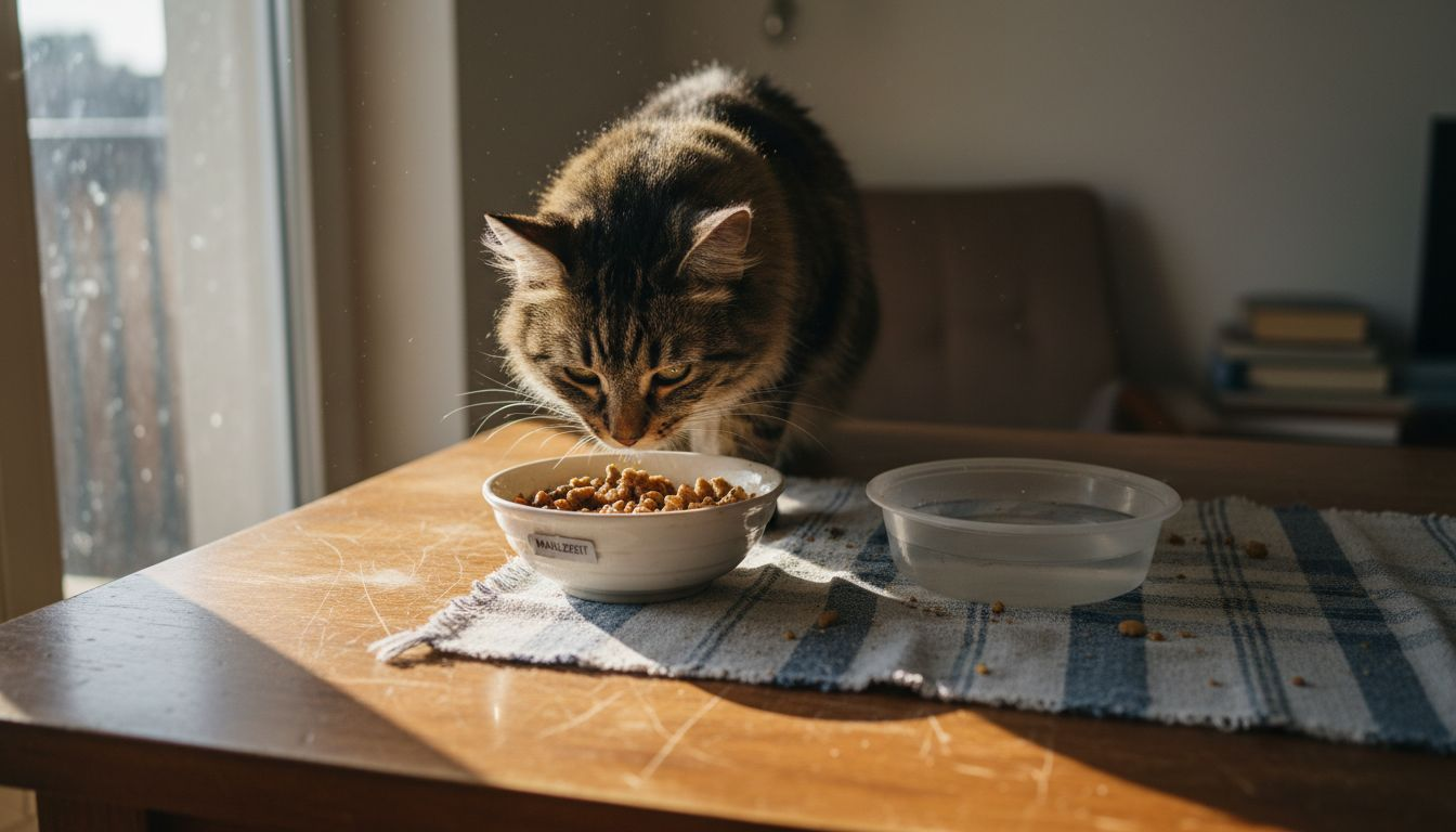 Eine neugierige getigerte Katze schnuppert interessiert am Napf mit Nassfutter.