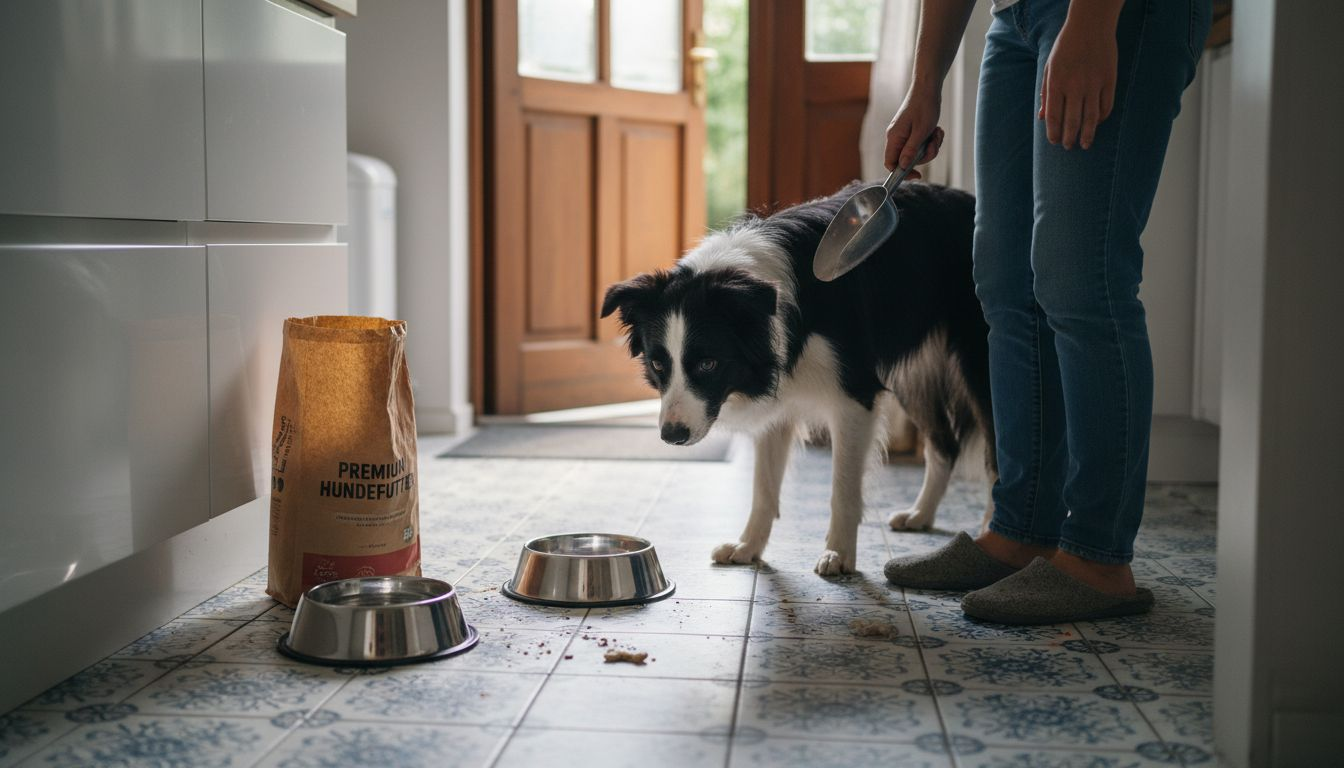Ein Hund steht in der Küche und entscheidet sich zwischen verschiedenen Futtersorten.