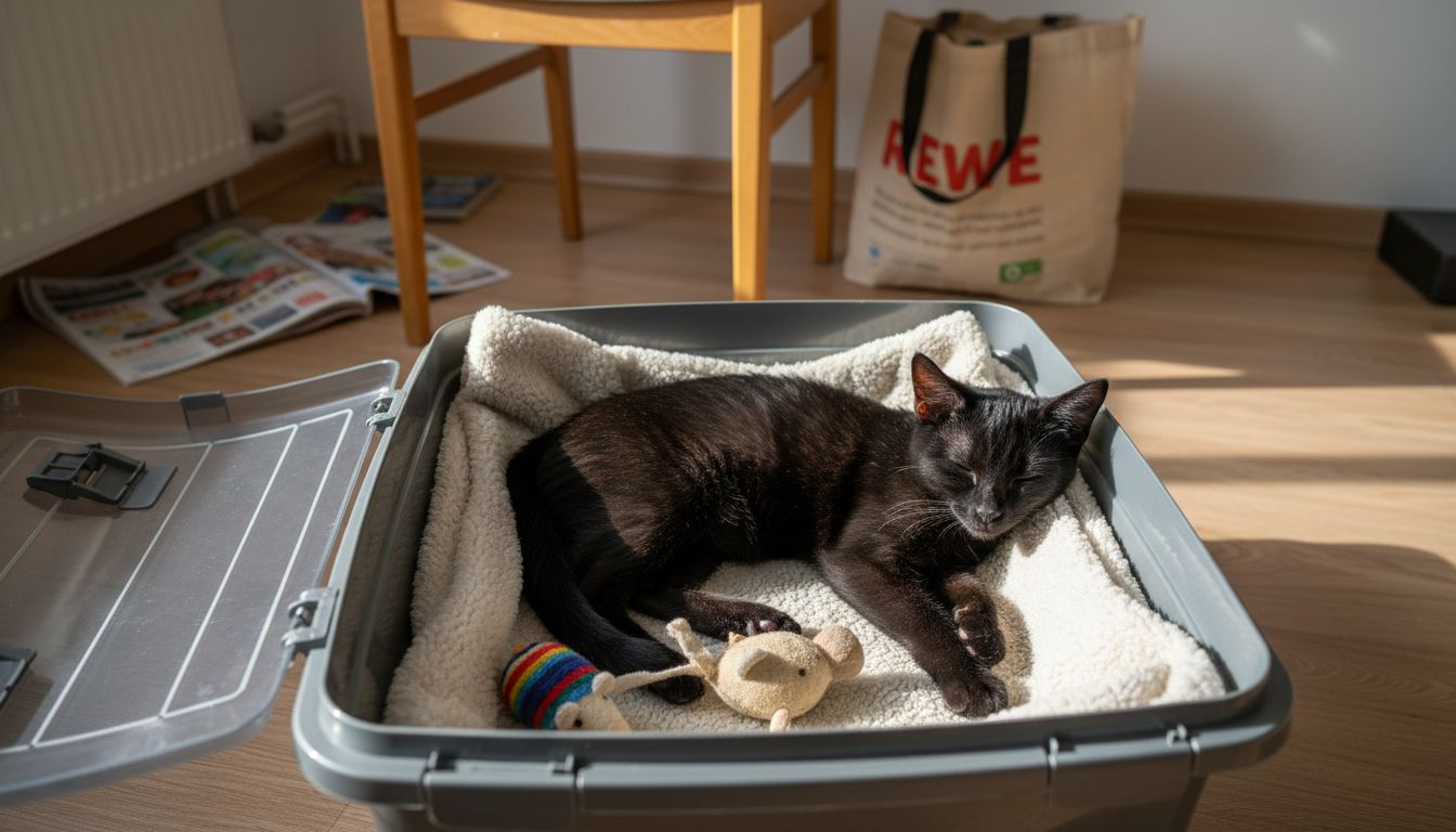 Die Katze macht es sich gemütlich auf ihrer Decke in der Box.