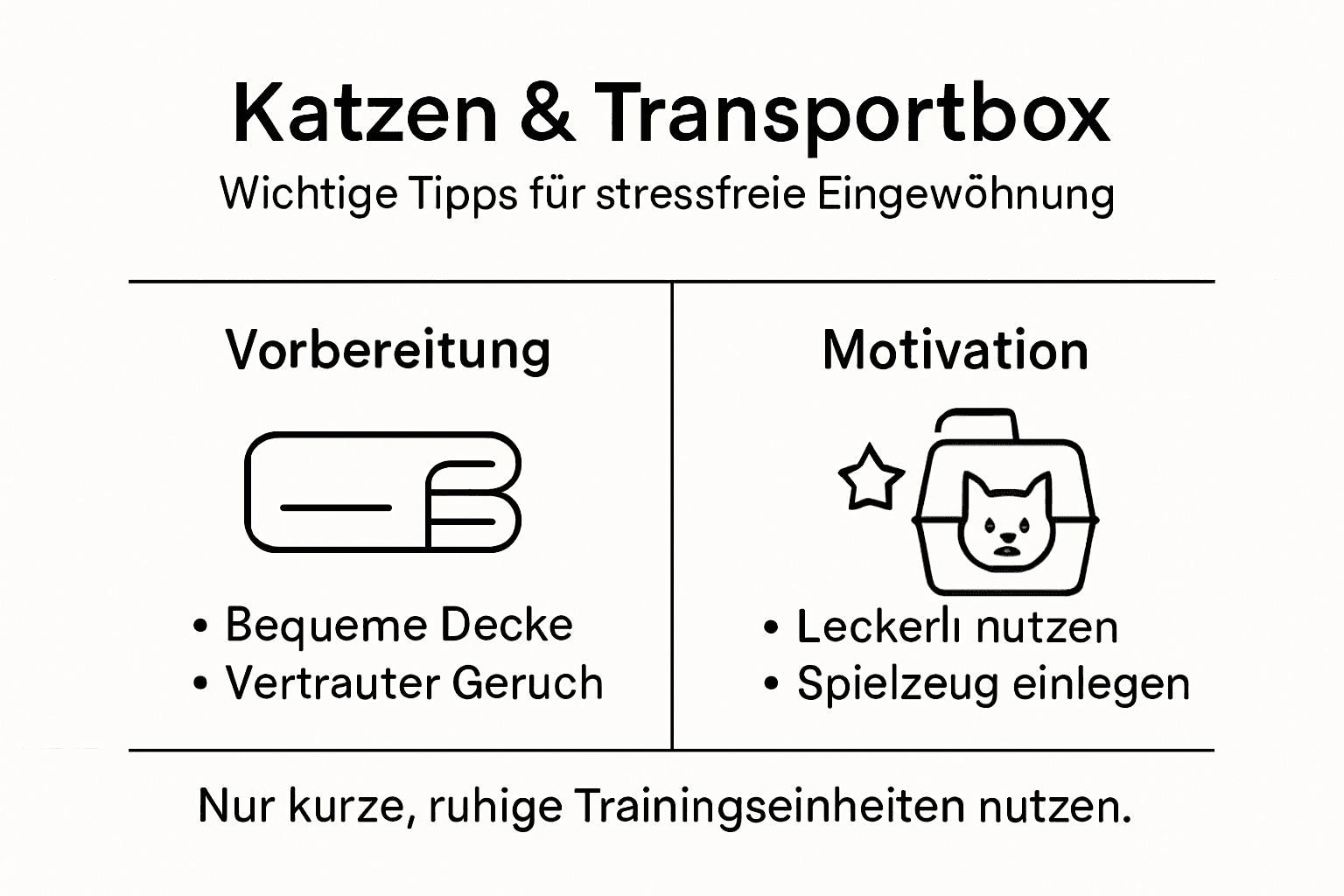 Praktische Tipps für den stressfreien Transport deiner Katze in der Transportbox – als übersichtliche Infografik